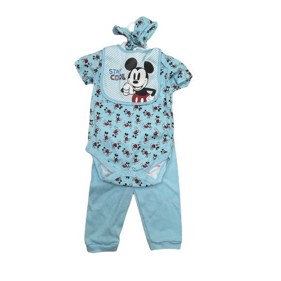 Disney Mickey Mouse Baby Outfit: mittens, onesie, pants  matching bib Size: 6-9m - Picture 1 of 11